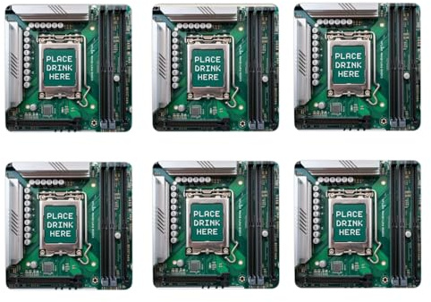 Motherboard Hauptplatine 6er Set Untersetzer aus Holz - Place Drink HERE Lustige Technik-Deko für Nerds und Geeks um den Schreibtisch sauber zu halten
