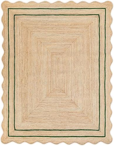 Tappeto in iuta smerlato con bordo verde, 9 x 1,2 m, tappeto intrecciato a mano di alta qualità, ecologico e durevole, decorazione bohémien per soggiorno, camera da letto o ingresso