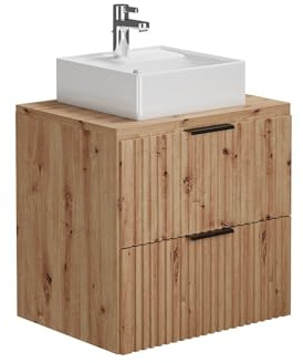 Vente-unique-Mueble de baÒo suspendido Estriado con Lavabo sobre encimera Cuadrado - Natural Claro - 60 cm - ZEVARA