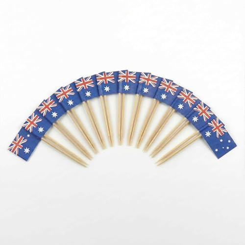 Mobi Lock 120 Piezas Palillos Cóctel con Bandera de Australia - 6,5 cm (2,5 in) Palitos bambú con Mini Banderas - Palillos de Adorno para Aperitivos y Bebidas