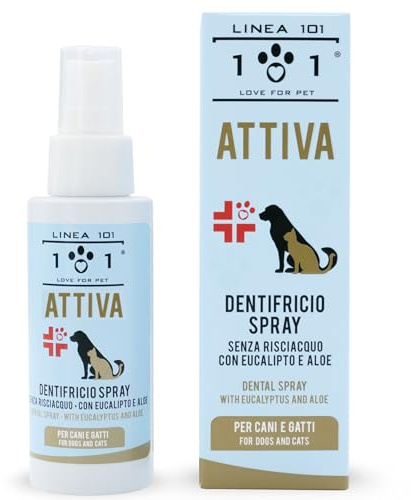 Linea 101, Dentifricio Spray per Cani con Aloe, Menta e Eucalipto, 100ml, Pulizia Denti Cane, Azione Antibatterica e Rinfrescante per Alito Cattivo Cane, Naturale, Igiene Orale Made in Italy