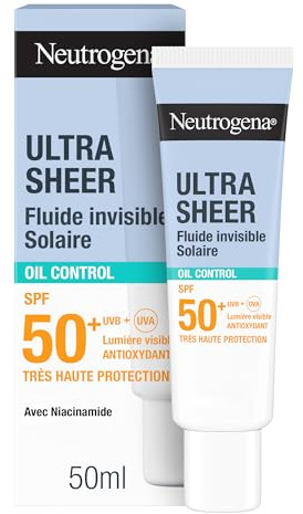 Neutrogena – Fluide Solaire Invisible Ultra Sheer Oil Control SPF 50+ UVB + UVA (50 ml) – Crème solaire visage antioxydante avec niacinamide – Sec au toucher, absorption rapide et effet matifiant 12h