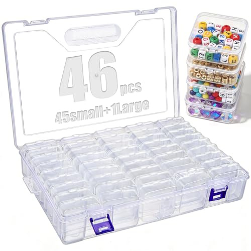 NZNSML 46 cajas clasificadoras para piezas pequeñas (5,5 x 5,5 x 2 cm), caja de almacenamiento transparente para joyas, perlas y tornillos