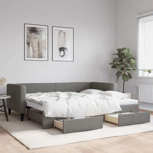 Frdhee Boxspringbett Doppelbett,Tagesbett Ausziehbar mit Schubladen Dunkelgrau 90x190 cm Stoff für Kleine Räume, Schlafzimmer,Einfache Montage