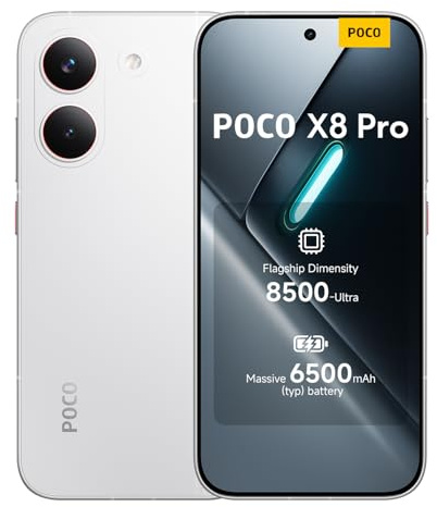 POCO X8 Pro, Smartphone 12+512 GB, Flagship Dimensity 8500-Ultra, 6500mAh (typ) battery, ultra-bright AMOLED display, 50MP Sony IMX882 with OIS, White, 1 year extra warranty, Charger Not Included
