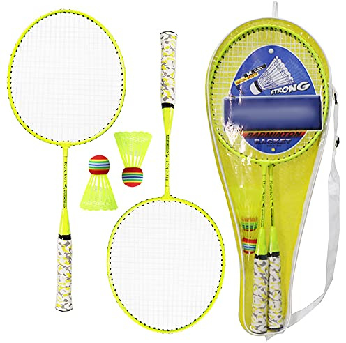 Matybobe Badmintonracket Set 2 Spelare Barn Inomhus Utomhus Sport Spel Järnlegering Nylon Smidigt Grepp Grön Orange Gul 2 Spelare Badminton Set (Gul)