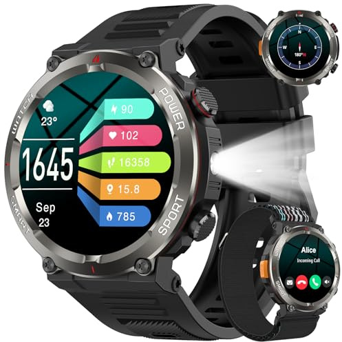 Baolubao Military Smart Watch for Men(Answer/Make Calls),Fitness Watch with 960mAh Battery,Step Counter,LED Flashlight,Compass,Heart Rate,SpO2,Sleep Monitor,IP68 Waterproof smartwatch for iOS Android