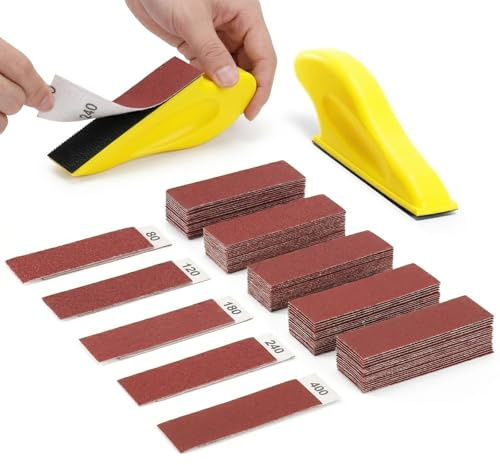 MANICAF slippapper set med handslipblock, 50 stycken slipblad kornstorlek 80/120/180/240/400, kardborreband slippapper för trä, metall, lack, torr- & våtschliff set för slipning och polering