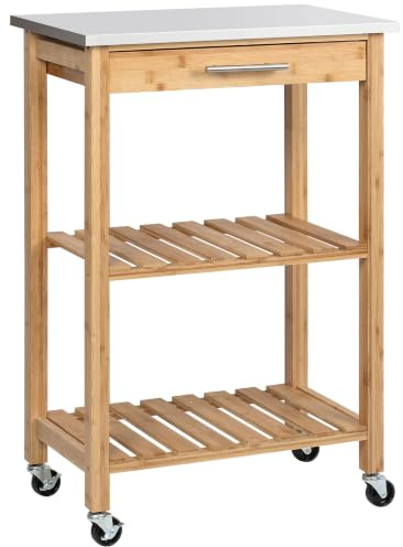 HOMCOM Carrito de Cocina bambú Isla con encimera Acero Inoxidable Natural | Cajón, estantes de listones, para comedor