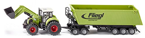 siku 1949, Claas Axion Traktor mit Frontlader, Dolly und Muldenkipper, 1:50, Metall/Kunststoff, Grün, Bewegliche Schaufel und Frontlader-Schwinge, Kippbare Mulde