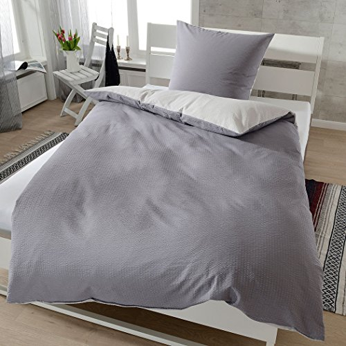 Janine Design Soft-Seersucker Uni Wendebettwäsche Titan/Platin 1 Bettbezug 155 x 220 cm + 1 Kissenbezug 80 x 80 cm