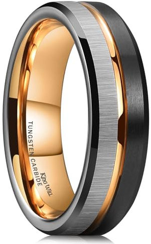 King Will Loop Tungsten Carbide Wedding Band 6mm 8mm Rose Gold Line Ring Black and Silver Brushed Flat/Beveled Edges Comfort Fit