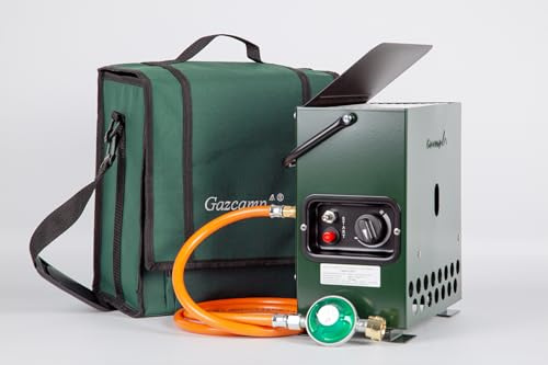Gazcamp Heatbox 2000 grün 50 mbar Komplettset *Tasche grün/Abstrahlblech/Regler/Schlauch* Zeltheizung Campingheizung Anglerheizung Jadgheizung