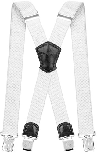 Decalen Mens Braces with Very Strong Metal Clips Wide 4 cm 1.5 inch Heavy Duty Suspenders One Size Fits All Men and Women Adjustable and Elastic X Form (White)