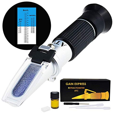 3-in-1 Honig Refraktometer Brix/Feuchtigkeit/Baume Tester Meter ATC, Tri-Skala 58-90% / 12-27% / 38-43Be ', Zucker Wassergehalt Level Bienenzucht Ahornsirup, Test Kit w/Kalibrierung Öl & Block