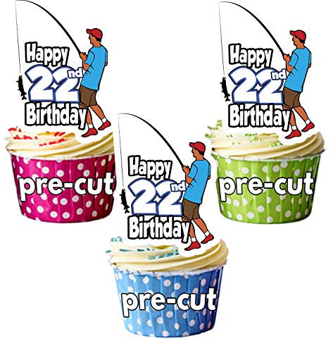 AK Giftshop PRECUT Fishing Fisherman - 22nd Birthday - Edible Cupcake Toppers/Cake Decorations - Mens - Son - Husband - Dad (Pack of 12)