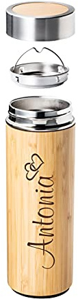 Schmalz® Isolierflasche ADAMUZ aus Bambus und Edelstahl Gravur inkl. Gravur graviert mit Teesieb - doppelwandiger Edelstahl personalisiert Geschenkkarton 450ml