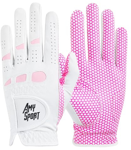 Amy Sport Womens Golf Glove 2 Pack Golf Gloves Women Right Handed Golfer Left Hand Ladies Rain Grip All Weather Pink Size Small Medium Large XL (Medium, Worn on Left Hand)
