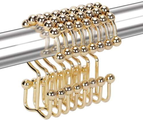 Yapicoco Shower Curtain Hooks Rings for Bathroom, 12PCS Stainless Steel Metal Rust Resistant Balance Sliding Double Curtain Hooks (Gold)