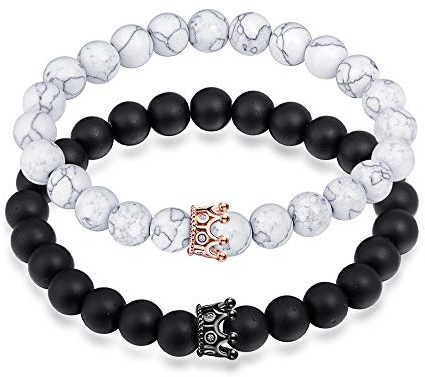 MicVivien Kronenarmband aus schwarzen Onyx- und weißen Howlithperlen, 8 mm Perlen Partnerarmband mit Krone King & Queen Paar Armband for 2
