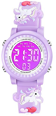 Venhoo Kids Watches for Girls 3D Cartoon Waterproof 7 Color LED Digital Child Wrist Watch Unicorn Gifts for 3 4 5 6 7 8 Year Girl Little Child-Purple