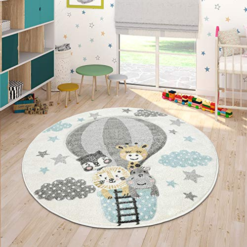 Paco Home Teppich Kinderzimmer Junge Mädchen Kinderteppich Kurzflor Regenbogen Bauernhof Einhorn Schmetterling Hase, Grösse:Ø 200 cm Rund