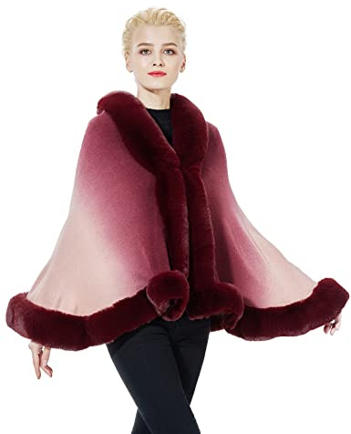 BEAUTELICATE Donna Poncho Mantella Maglia Invernale Stola Scialle in Pelliccia Sintetica Coprispalle Bolero Elegante per Sposa Matrimonio Festa (Rosso Sfumato, Taglia unica)