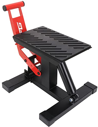 JFG RACING Motocross Ständer,Motorrad Lift Jack Hebetisch Höhenverstellbarer Hebeständer Stahl Wide Deck Hydraulischer Motorrad Ständer für Pitbike E-Bike Enduro Supermoto-Rot
