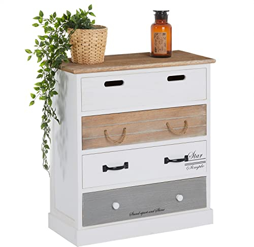 CARO-Möbel Kommode Salva mit 4 Breiten Schubladen, praktisches Schubladenregal im Vintage Look, Flurkommode in weiß lasiert mit farbigen Schubkästen