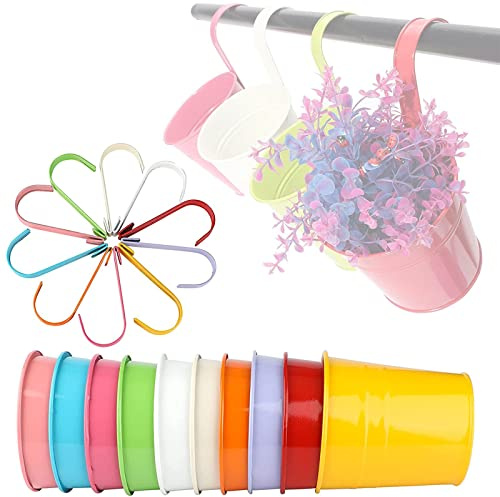 WKLSSRH 10 Farben Metall-Blumentopf hängend, 10 Stück Blumentöpfe mit Abflussloch, Kräutertopf mit abnehmbarem Haken, blumenampel für Garten/Balkon/Terrasse/Wohndekor