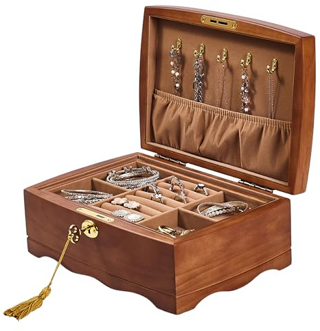 EURIELK Wooden Jewelry Box with Lock & Key for Women, Medium Size Real Natural Wood Lockable Antique Girls Organizer Boxes with Large Storage, Big Ring Compartments, & Built in Necklace Hooks, Brown | Real Natural Wood, Lockable, Antique Style Organizer with Large Storage, Big Ring Compartments, Necklace Hooks, Brown