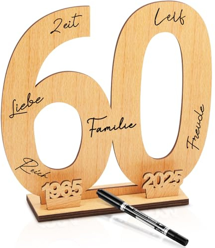 Patelai Libro de Visitas de Letrero de Madera Libro de Firma de Años de Recuerdo de Número de Madera Independiente de Cumpleaños Placa de Signo de Número de Año Independiente con Pluma (Número 60)