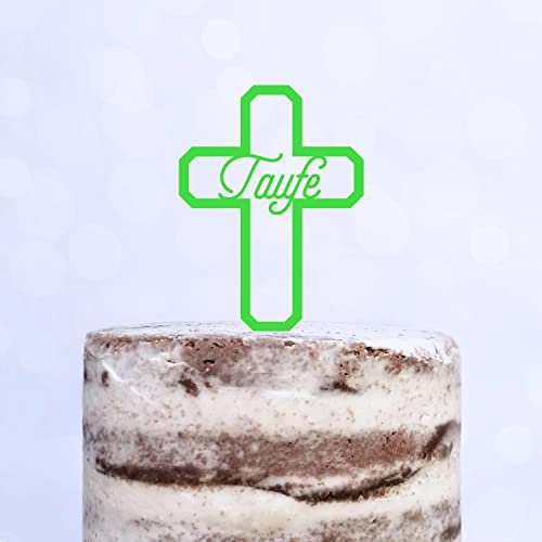Cake Topper (Taufe) Kreuz, Acryl/Holz, Tortenstecker, Tortenfigur, Tortendeko, Torte, Kuchen, Tortenständer (Grün)