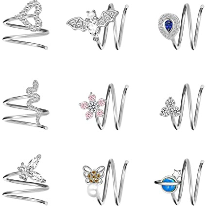 Dochais 9 st L-form näspiercing ring, C-fäming silver spiral, 20 g strass