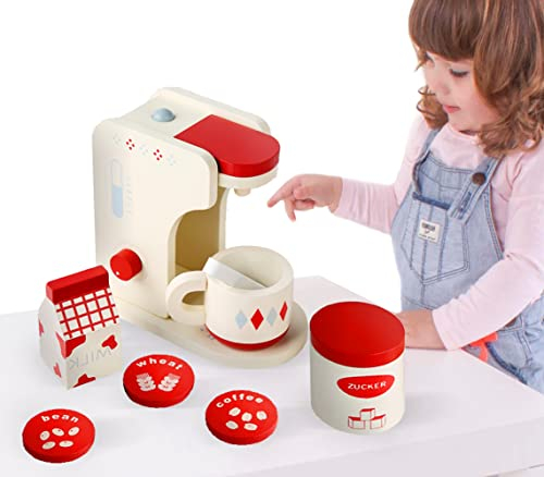 Coo11 Kids Pretend Play Wooden Coffee Maker Machine with Spoon & Mug, Educational Toy, Fun Learning Game, Kitchen Accessories, Suitable Gift for 3+ Ages Children