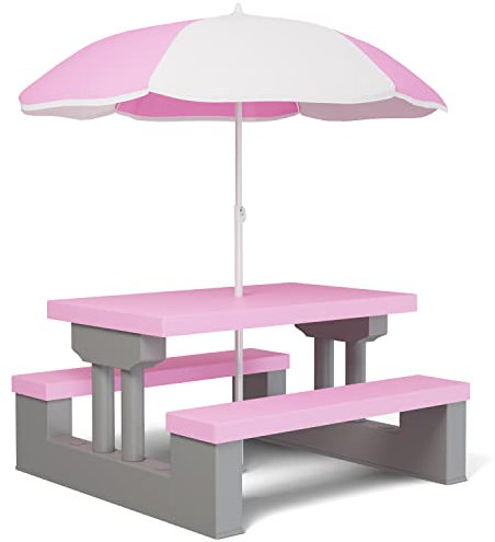 Spielwerk® Kindersitzgruppe Sonnenschirm UV Schutz Stecksystem Waschbar ABS Kunststoff Wetterfest Rosa Outdoor Picknicktisch Kindertisch Gartenmöbel