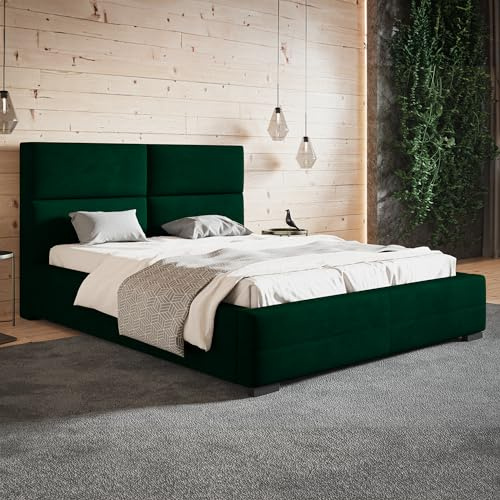 MOTIVENA Malaga Bett 160x200 Grün Samt, mit Stauraum, mit Kopfteil, mit Lattenrost, mit Füßen, ohne Matratze, Polsterbett 160x200 mit Bettkasten Grün (Dunkelgrün)
