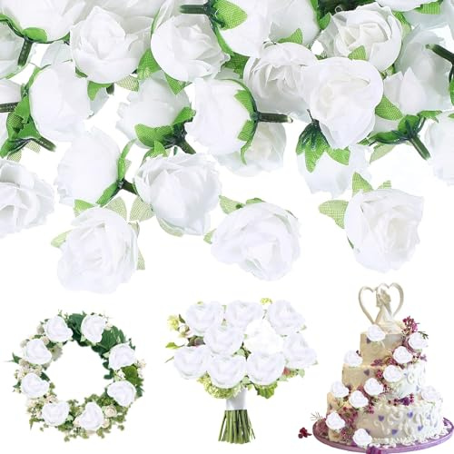 Xinlon 50 Stück Blumen Künstlich, künstliche blumenköpfe weiß, Blumen Künstlich, Gefälschte Kunstrose Rose, Hochzeit Blumensträuße Für Geburtstag Jahrestag Hochzeit Feste Partei Haus Deko DIY Basteln