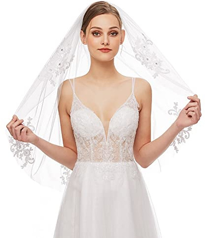 Asudaro 90 Cm–120 Cm Spitzen Schleier, Braut Schleier Koreanischer Stil Einlagig Vintage Hochzeit Schleier Kopftuch Blumen Tüll Kapellen Schleier Schlichter Und Eleganter Langer Braut Schleier