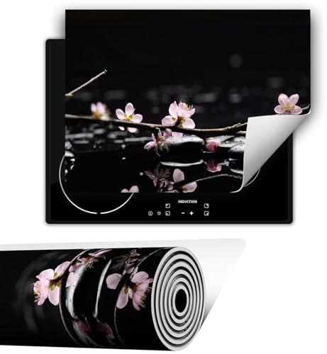 TMK ArtDeko Herdabdeckplatte 1 teilig 80x52 cm Küche Herdabdeckung Ceranfeld Herdabdeckplatten Anti Rutsch Matte Aufrollbar, Schwarz Blumen