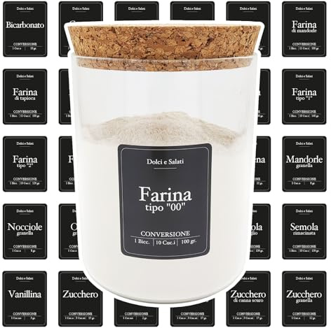 Febio Klebeetiketten für Süß- und Salzgläser, schwarz, in italienischer Sprache, wasserdicht, waschbar, mit Umrechnungstabelle / Etiketten für Küche, Salzgläser, Zucker, Kaffee, Behälter für Salz