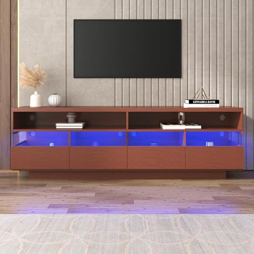 Soweiz Mueble de TV de madera, gran espacio de almacenamiento, panel bajo con iluminación LED, dos compartimentos y cuatro cajones grandes (color nogal)