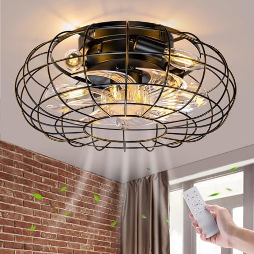 Ventilador de techo enjaulado con control remoto, ventilador de techo industrial sin aspas de montaje empotrado de 16 pulgadas con luces, 3 velocidades ajustables para sala de estar, dormitorio black