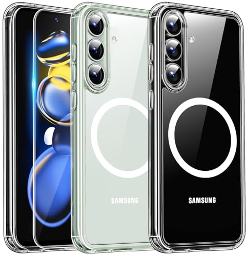 TAURI 3 i 1 för Samsung Galaxy S24 FE Skal 6,7-Tum med 2 Pack Härdat Glas Skärmskydd, Kompatibelt med MagSafe, Militär kvalitet, [Icke-Gulning] Magnetisk Mobilskal Case - Klar