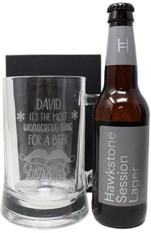 Regalo Personalised Engraved Pint Glass Tankard & Bottle of Hawkstone Beer Gift Set for Son, Dad & Grandad (Session Lager 4% vol, Christmas)