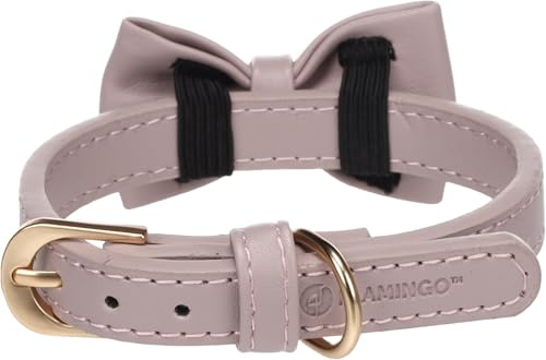 Flamingo Halsband mit Schleife NELA Violett – XS, S | 24-30 cm x 15 mm x 4 mm, Qualitätsleder, Stilvoll und Praktisch – Ideal für Chihuahua, Pomeranian, Yorkshire Terrier, Shih Tzu, Malteser