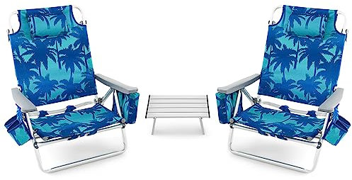 COSTWAY Strandstolar och bordsset, vikbara campingstolar med justerbart ryggstöd, nackstöd, sidofickor, ispåse, axelremmar och armstöd, lätta stolar (kokosnötpalm)