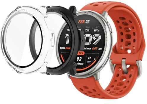 MEMELOKA Hülle für Amazfit Active 2/Active 2 Premium mit Displayschutz, 2 Stück Ultradünne Kratzfestes Hard PC Schutzhülle und Hoch Empfindlichkeit Schutzfolie (Schwarz + Transparent)