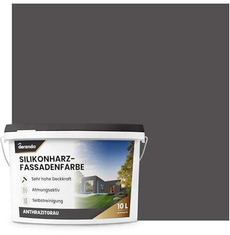 derendo Premium Silikonharz Fassadenfarbe Wetterschutz Abperleffekt wie beim Lotus Blatt, inkl. Schutz vor Verunreinigungen durch hochwertige Silikonharz-Beschichtung Anthrazit, 5l