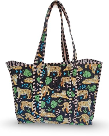 LKGSM RUGS Cotton Tiger Block Print Tote Bag, Indian Handmade Shopping Shoulder Bag, Unisex Market Daily Use (1, DN 14)